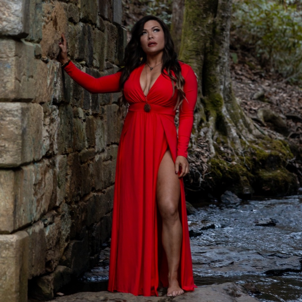 Women's Sexy Plunge V Neck Long Sleeve Double High Split Bodycon Long Maxi Dress